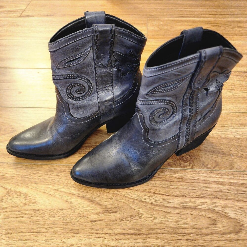 Western Ankle Boots Spiral Stitch Cowgirl Booties Black Leather 5.5